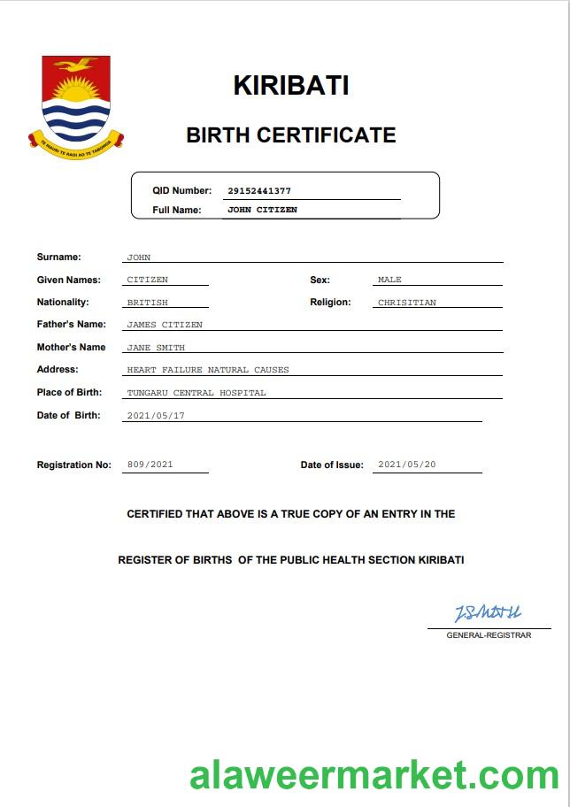 Kiribati birth certificate Word and PDF template